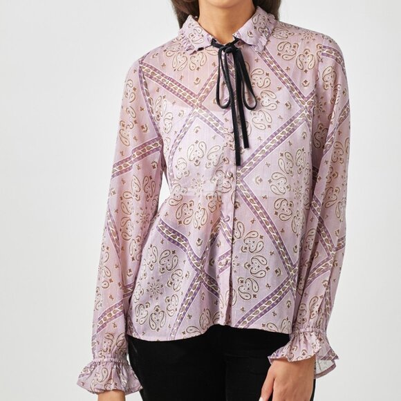 MYSTREE Lavender Paisley Print Blouse, Long Sleeve Tie Neck Top with Ruffle Cuff - Picture 1 of 6